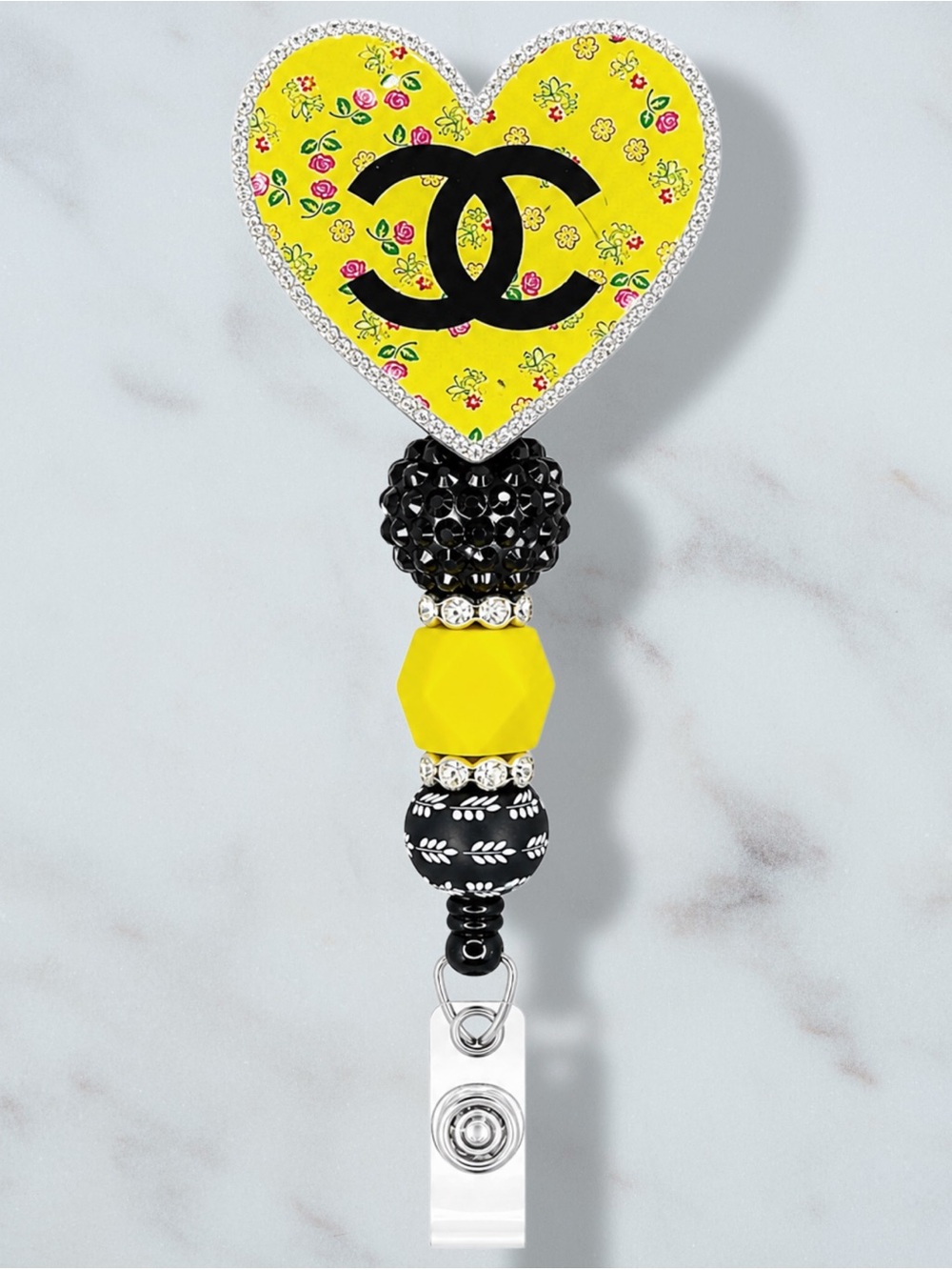 Fashion CC Yellow Floral Heart Beaded Badge Reel
